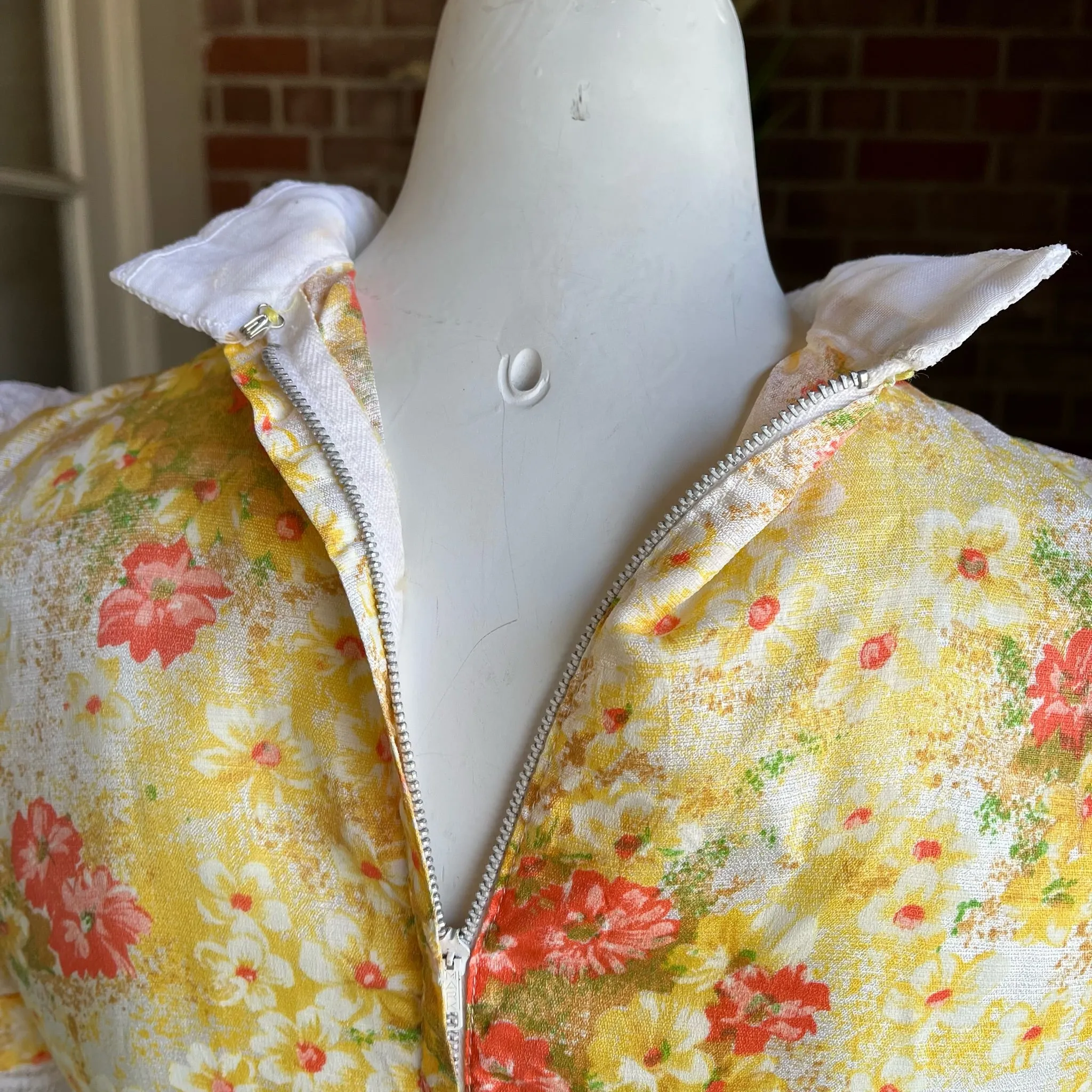 1970s Yellow Floral Lace Collar Dress