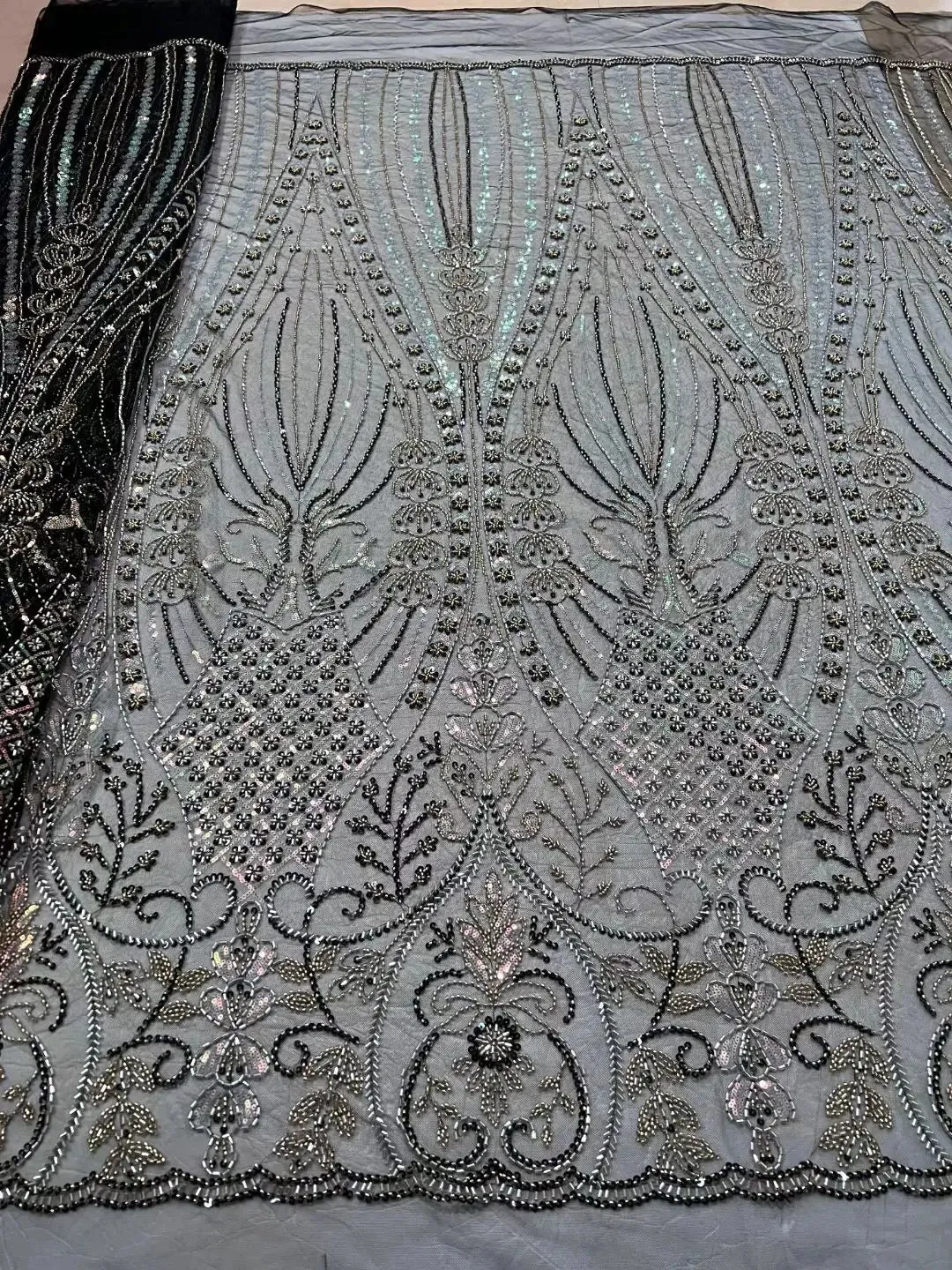 5 YARDS / 10 COLORS / LeMelosal Floral Sequin Beaded Embroidery Tulle Mesh Lace Dress Fabric