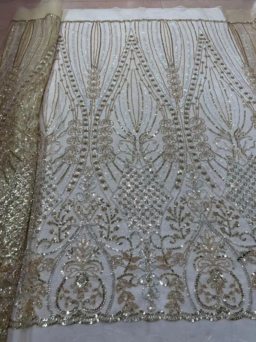5 YARDS / 10 COLORS / LeMelosal Floral Sequin Beaded Embroidery Tulle Mesh Lace Dress Fabric