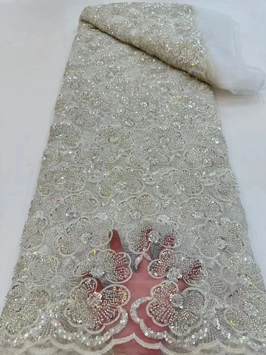 5 YARDS / 13 COLORS / Foliame Floral Beaded Embroidery Glitter Mesh Lace  Party Prom Bridal Dress Fabric