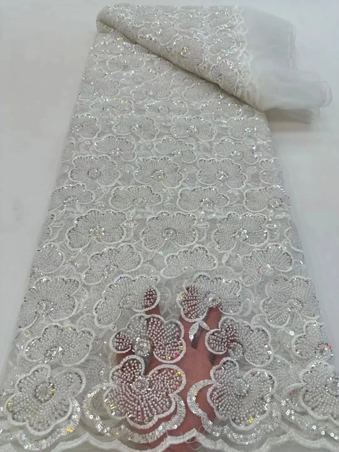 5 YARDS / 13 COLORS / Foliame Floral Beaded Embroidery Glitter Mesh Lace  Party Prom Bridal Dress Fabric