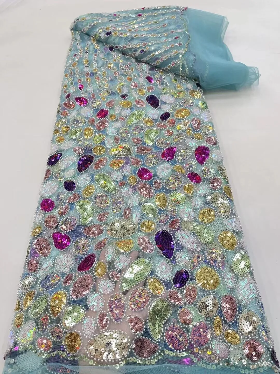 5 YARDS / 14 COLORS / Scarlett Abstract Gradient Blocks Glitter Sequin Beaded Embroidery Tulle Mesh Lace Party Prom Bridal Dress Fabric