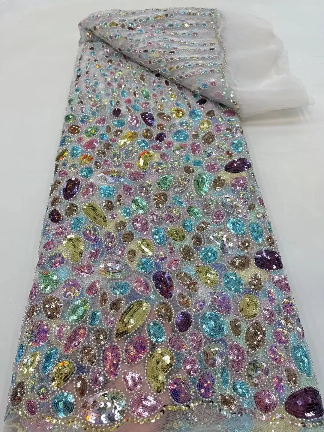 5 YARDS / 14 COLORS / Scarlett Abstract Gradient Blocks Glitter Sequin Beaded Embroidery Tulle Mesh Lace Party Prom Bridal Dress Fabric