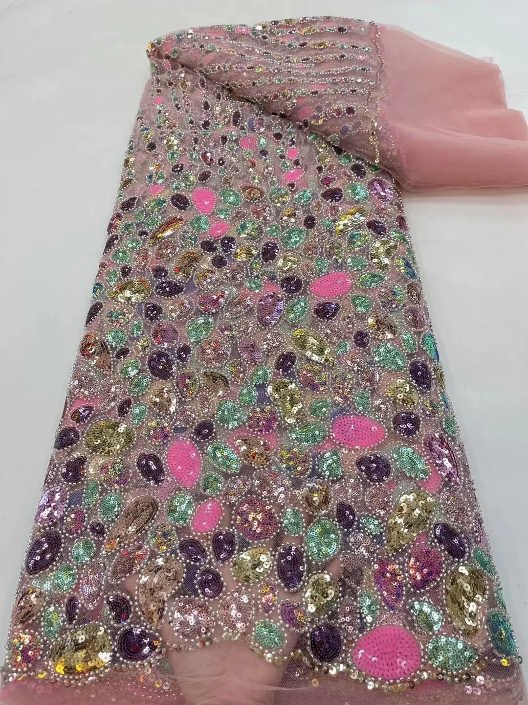 5 YARDS / 14 COLORS / Scarlett Abstract Gradient Blocks Glitter Sequin Beaded Embroidery Tulle Mesh Lace Party Prom Bridal Dress Fabric