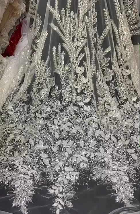 5 YARDS / 2 COLORS / Shaïma Gold Off White Sequin Beaded Embroidery Tulle Mesh Lace Party Prom Bridal Dress Fabric
