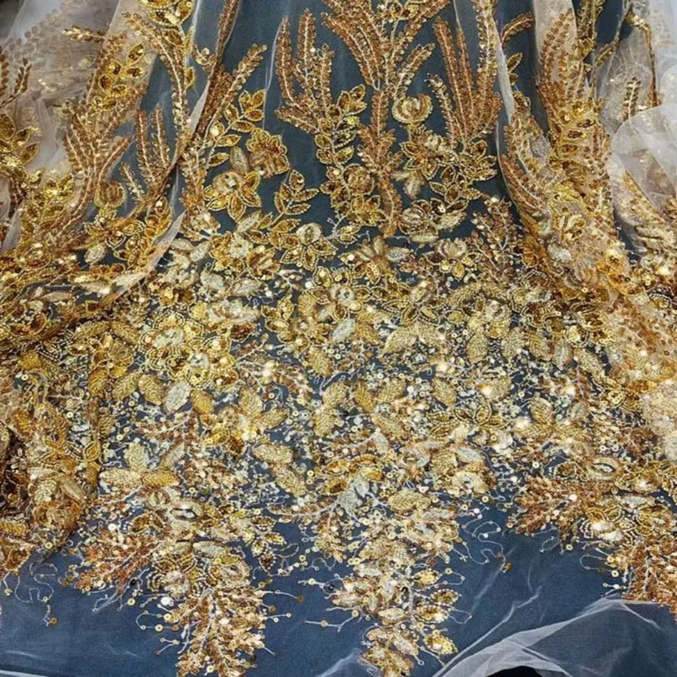5 YARDS / 2 COLORS / Shaïma Gold Off White Sequin Beaded Embroidery Tulle Mesh Lace Party Prom Bridal Dress Fabric