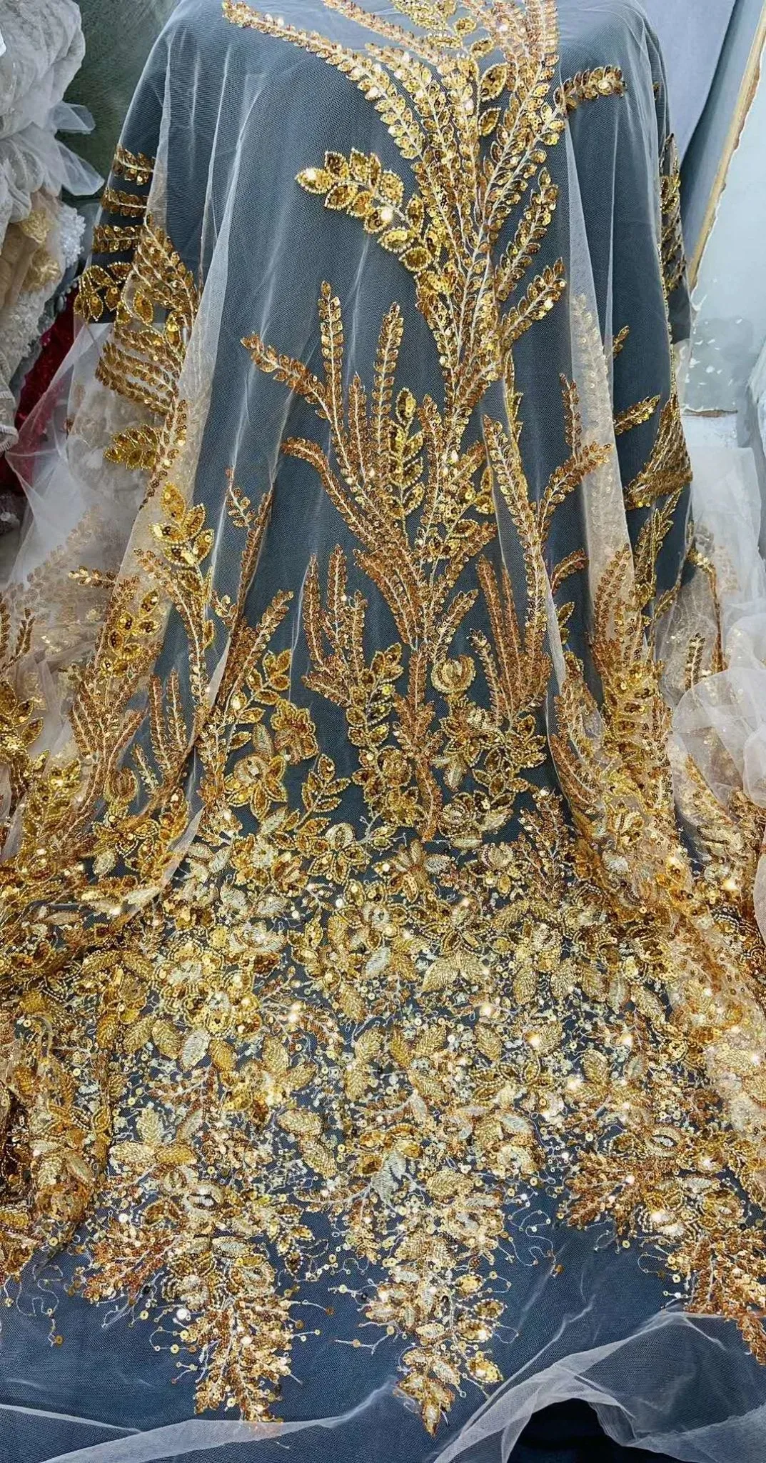 5 YARDS / 2 COLORS / Shaïma Gold Off White Sequin Beaded Embroidery Tulle Mesh Lace Party Prom Bridal Dress Fabric