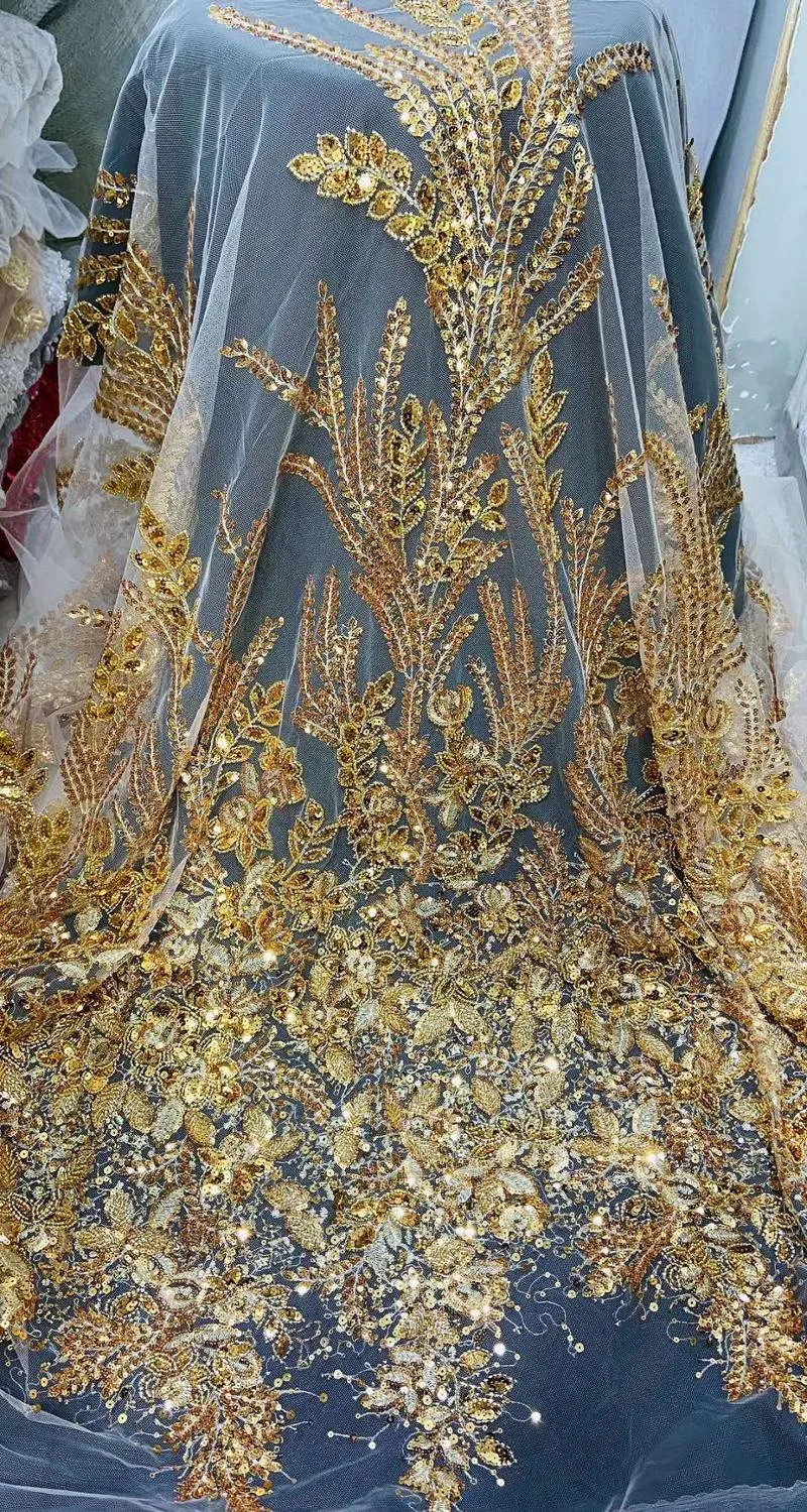 5 YARDS / 2 COLORS / Shaïma Gold Off White Sequin Beaded Embroidery Tulle Mesh Lace Party Prom Bridal Dress Fabric