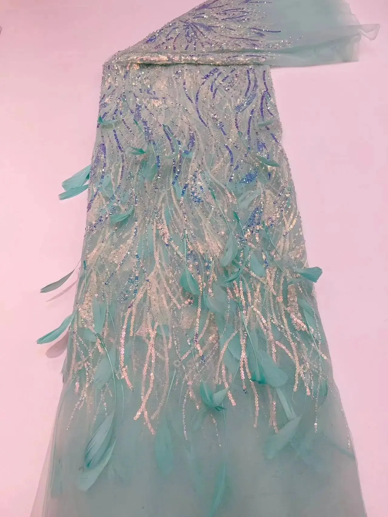 5 YARDS / 6 COLORS / Wilmau Fur Sequin Beaded Embroidery Tulle Mesh Lace Dress Fabric