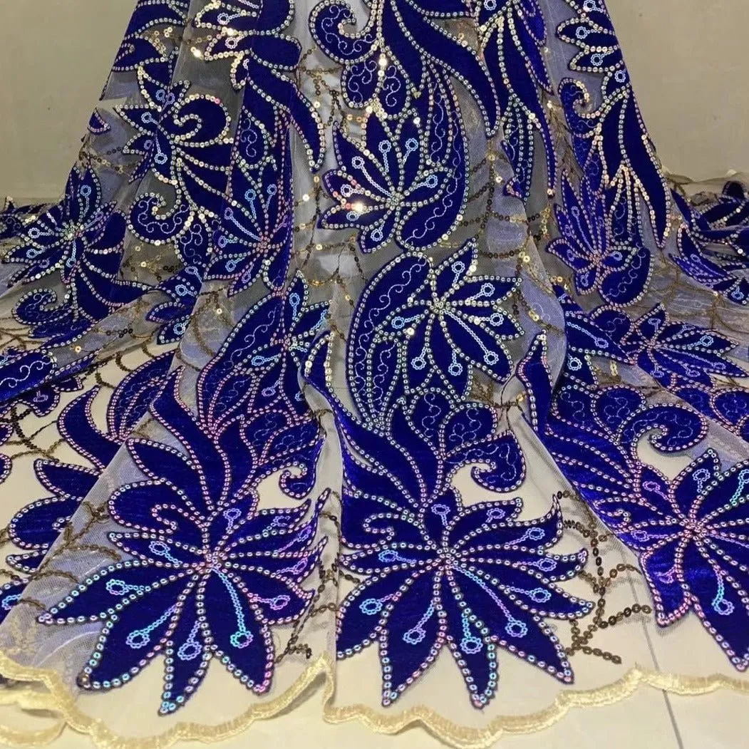 5 YARDS / 7 COLORS / Nahia Velvet Large Floral Glitter Sequin Beaded Embroidery Tulle Mesh Lace Party Prom Bridal Dress Fabric
