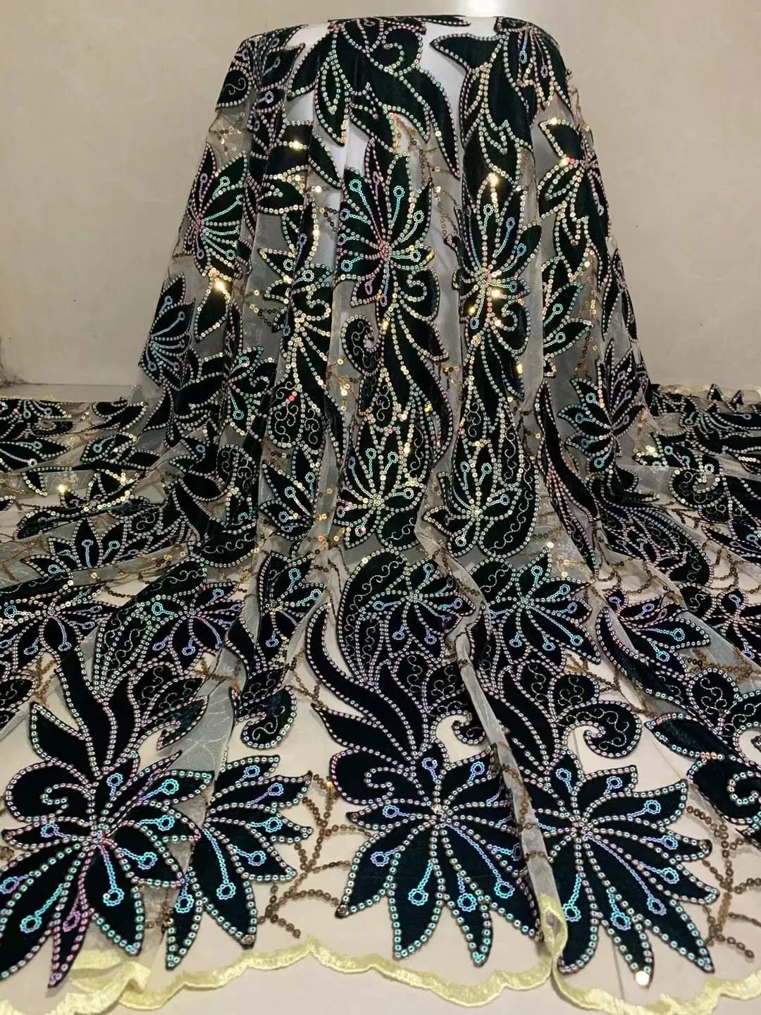 5 YARDS / 7 COLORS / Nahia Velvet Large Floral Glitter Sequin Beaded Embroidery Tulle Mesh Lace Party Prom Bridal Dress Fabric