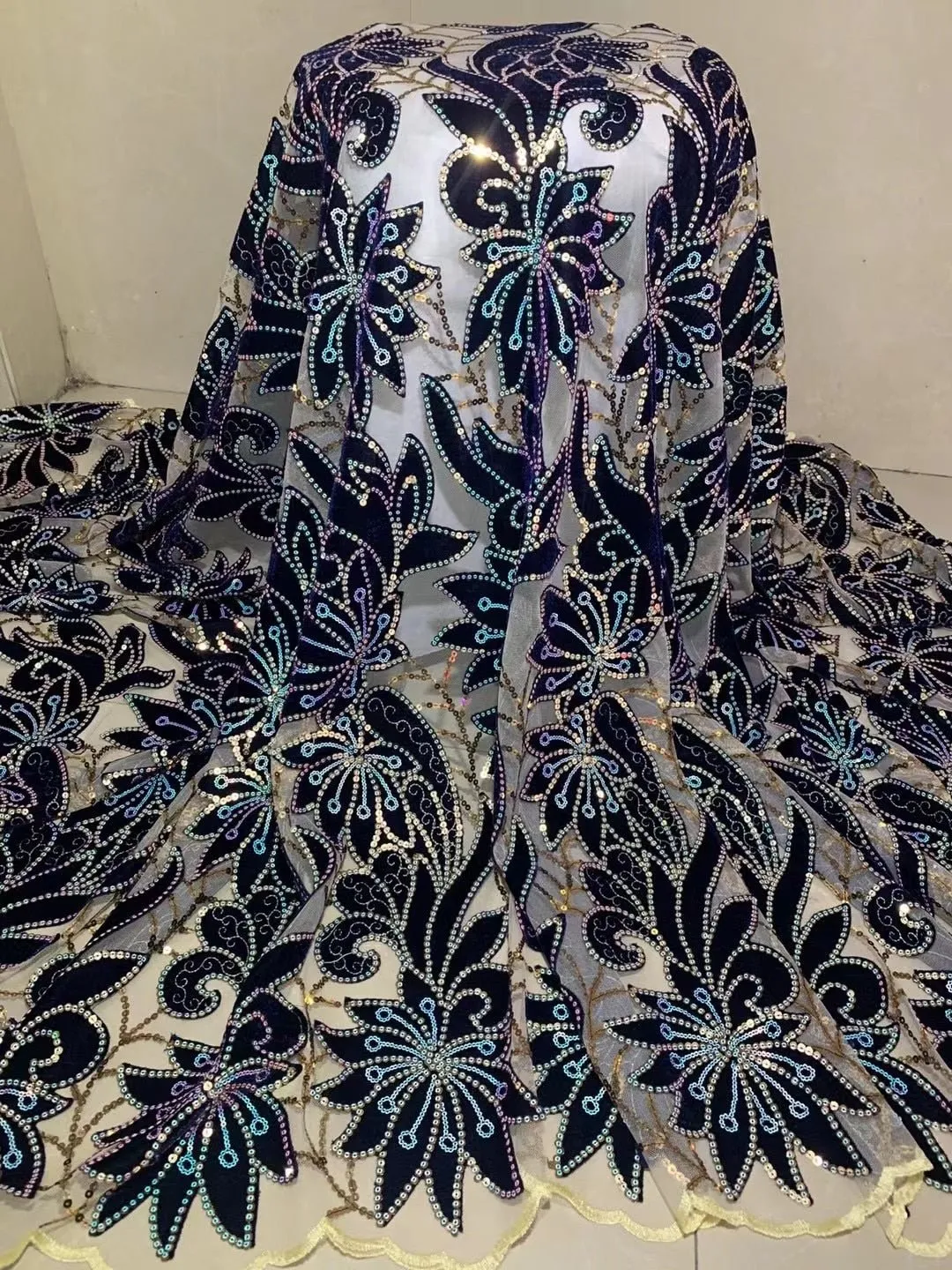 5 YARDS / 7 COLORS / Nahia Velvet Large Floral Glitter Sequin Beaded Embroidery Tulle Mesh Lace Party Prom Bridal Dress Fabric