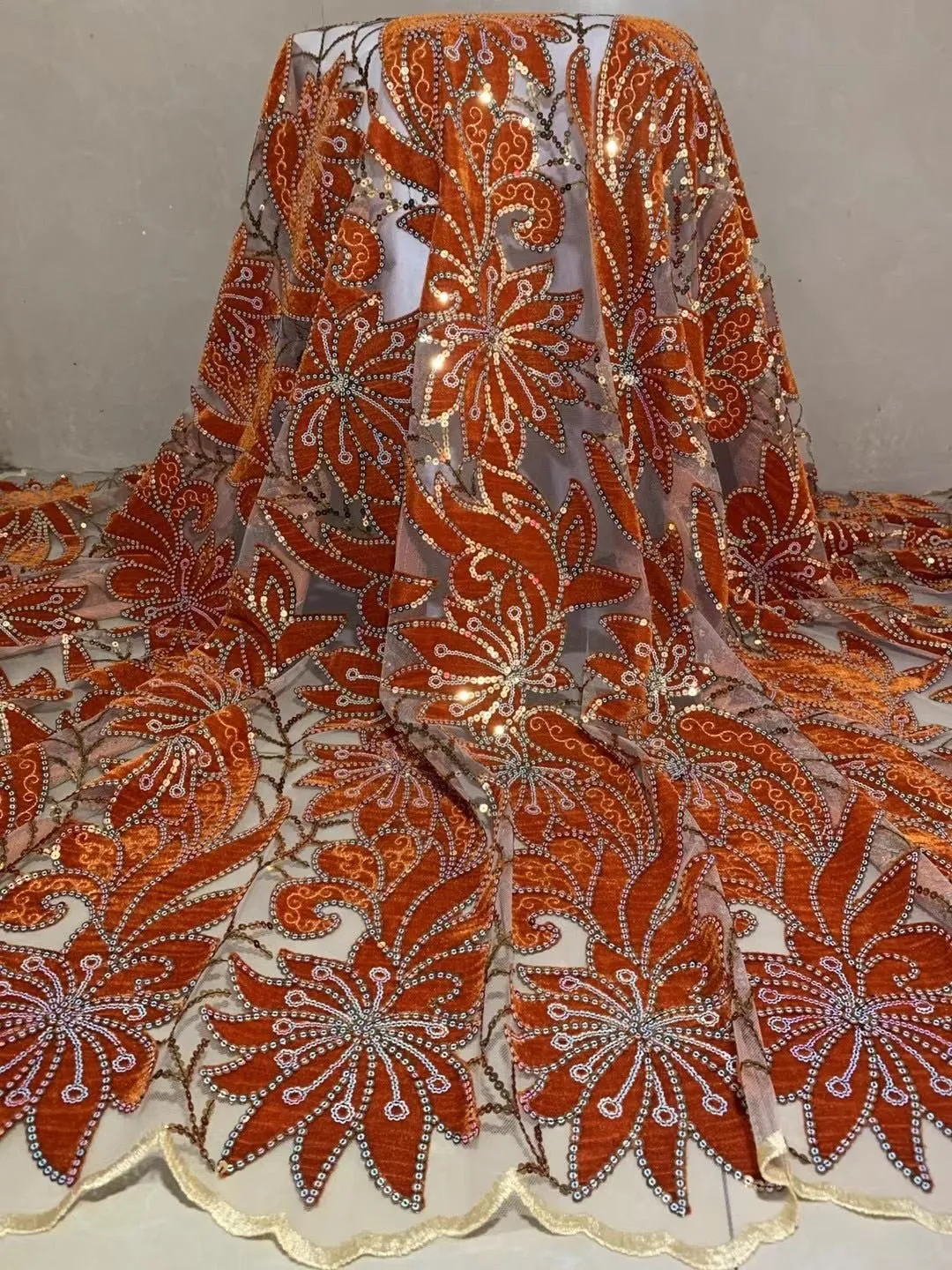 5 YARDS / 7 COLORS / Nahia Velvet Large Floral Glitter Sequin Beaded Embroidery Tulle Mesh Lace Party Prom Bridal Dress Fabric