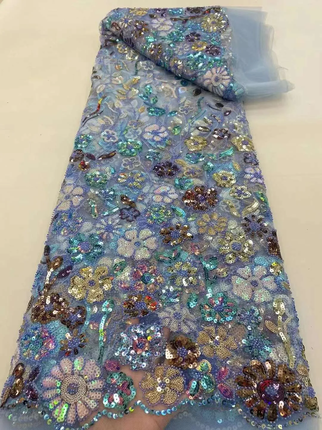5 YARDS / 8 COLORS / Chantal Cute Pansy Sequin Floral Beaded Embroidery Glitter Mesh Lace  Party Prom Bridal Dress Fabric
