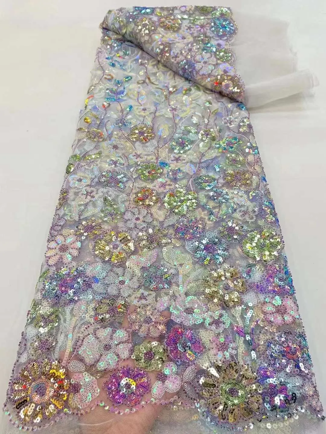 5 YARDS / 8 COLORS / Chantal Cute Pansy Sequin Floral Beaded Embroidery Glitter Mesh Lace  Party Prom Bridal Dress Fabric