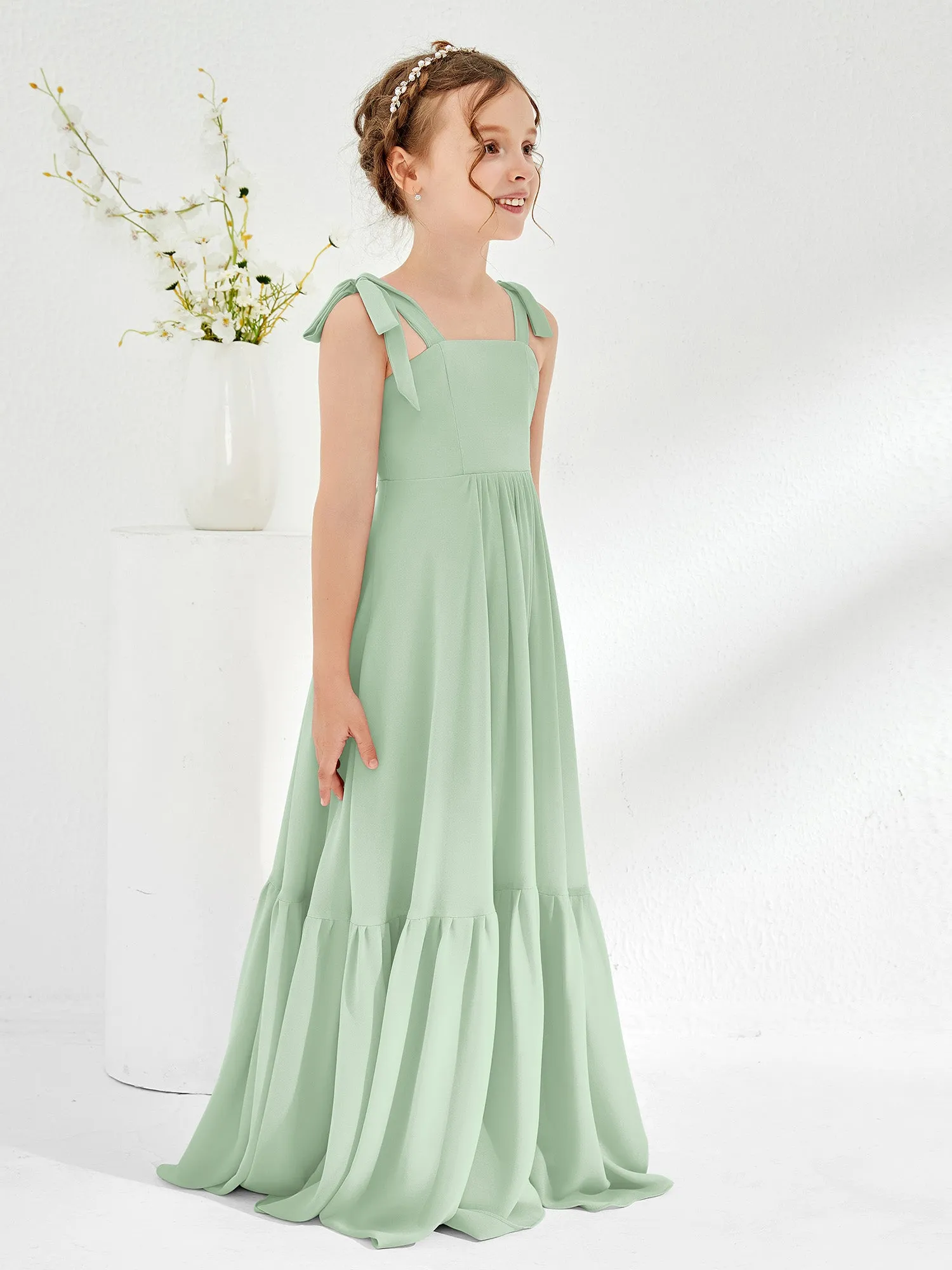 A-Line Bow Ruffle Junior Bridesmaid Dresses Dusty Sage