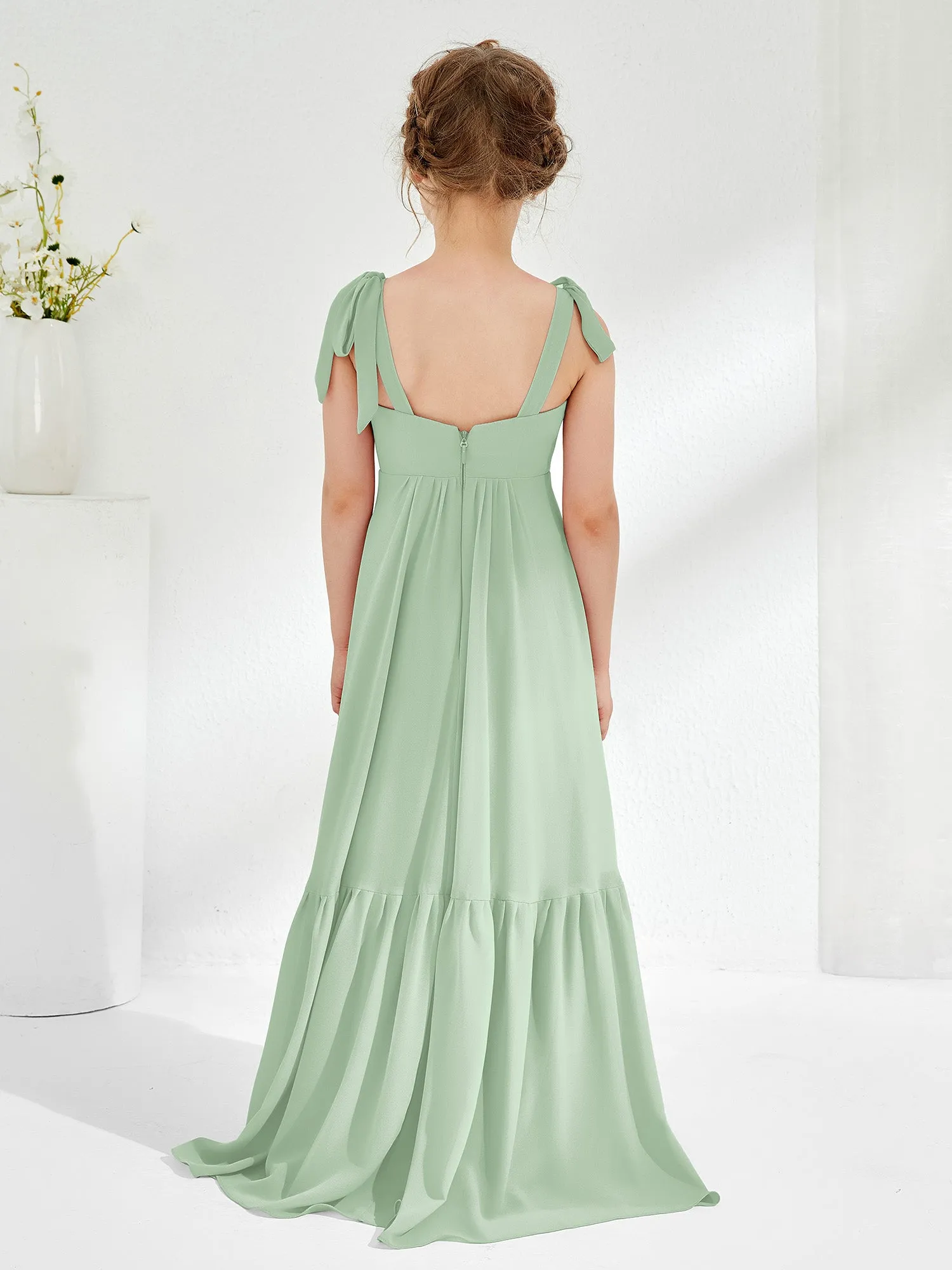 A-Line Bow Ruffle Junior Bridesmaid Dresses Dusty Sage