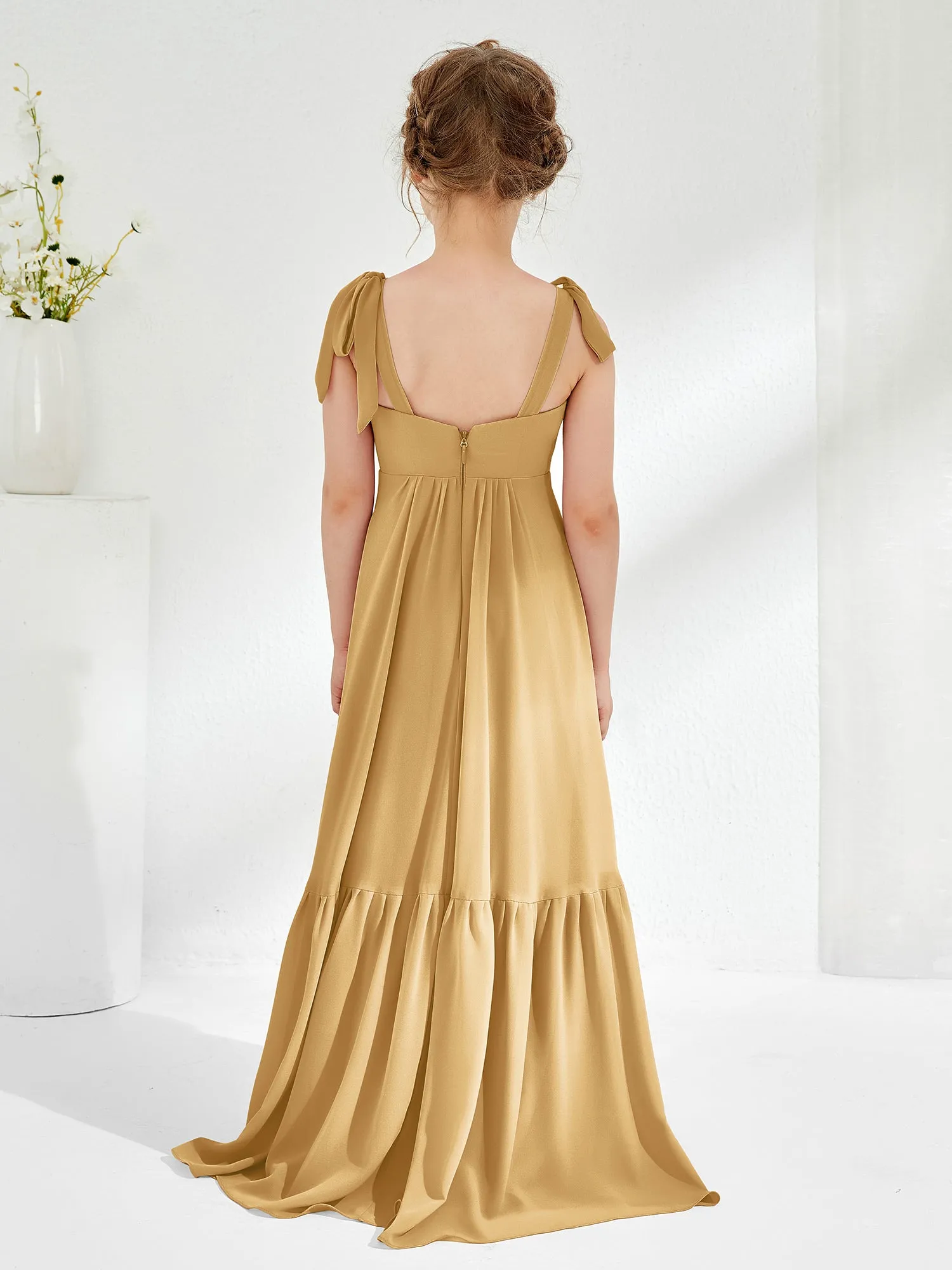 A-Line Bow Ruffle Junior Bridesmaid Dresses Gold
