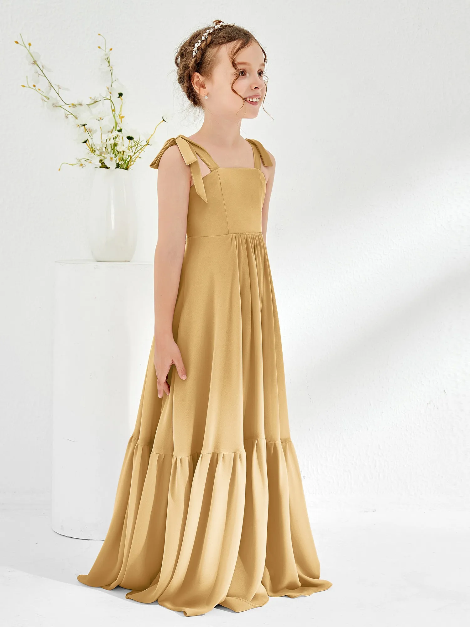A-Line Bow Ruffle Junior Bridesmaid Dresses Gold