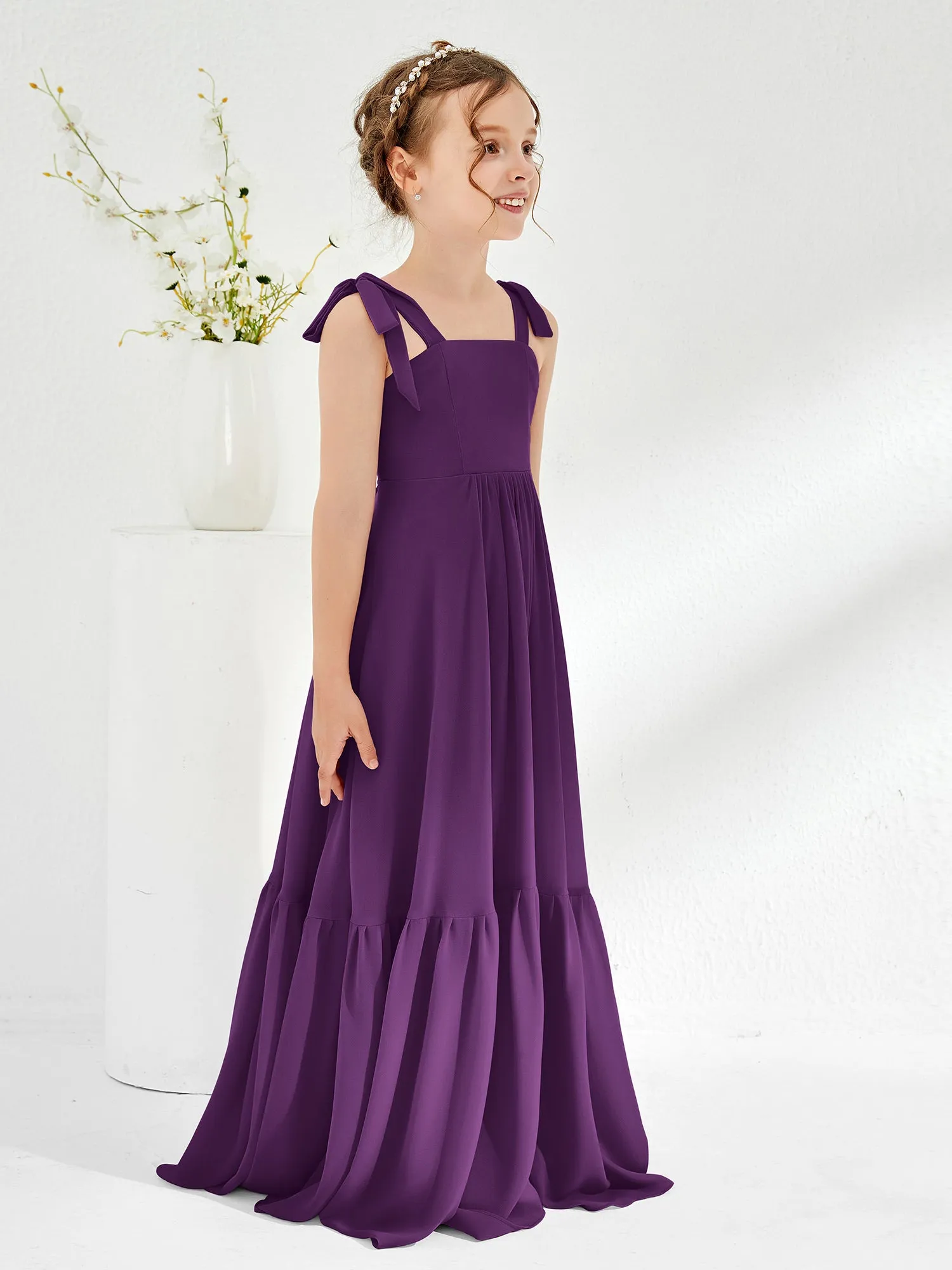 A-Line Bow Ruffle Junior Bridesmaid Dresses Grape