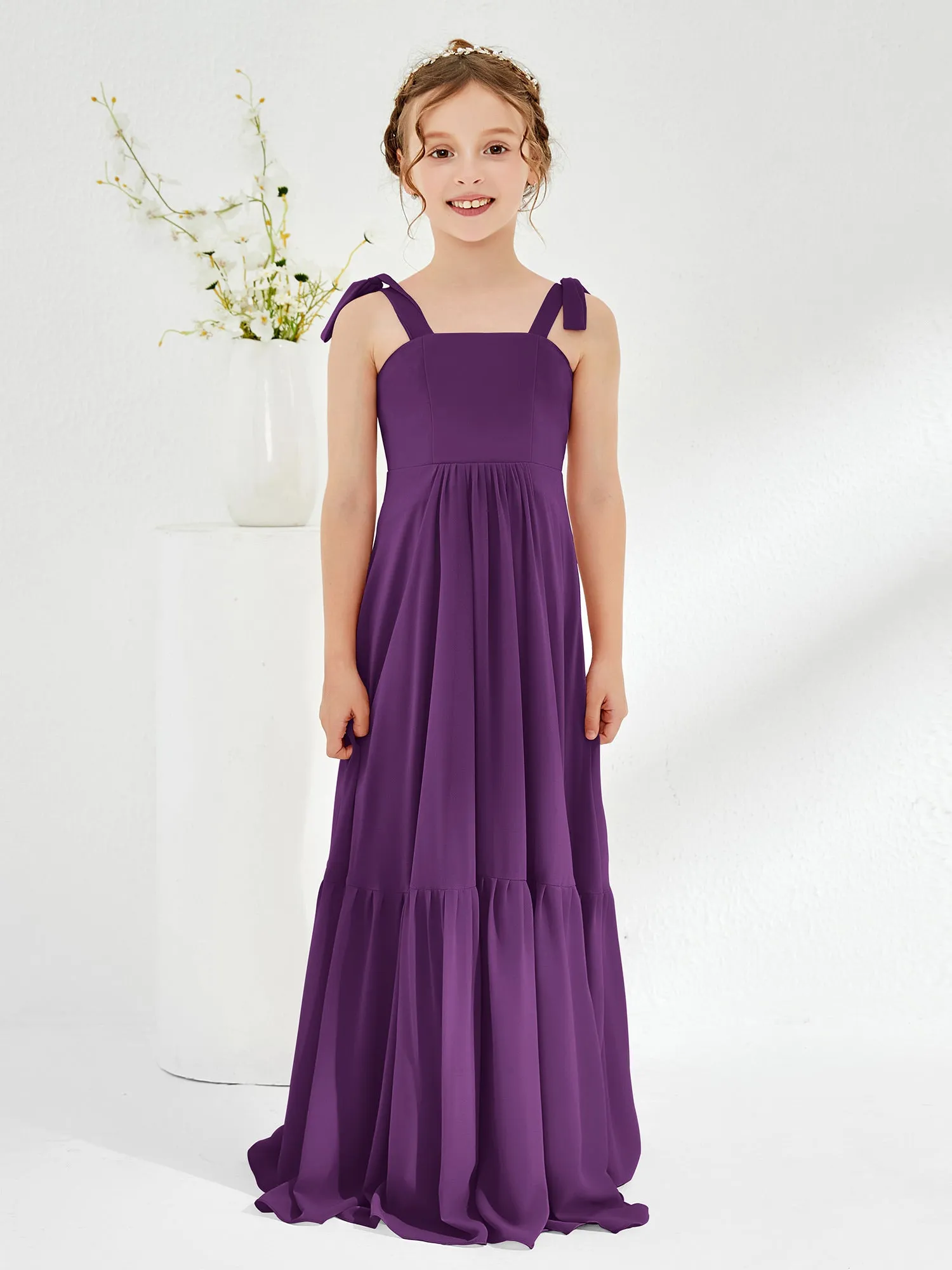 A-Line Bow Ruffle Junior Bridesmaid Dresses Grape