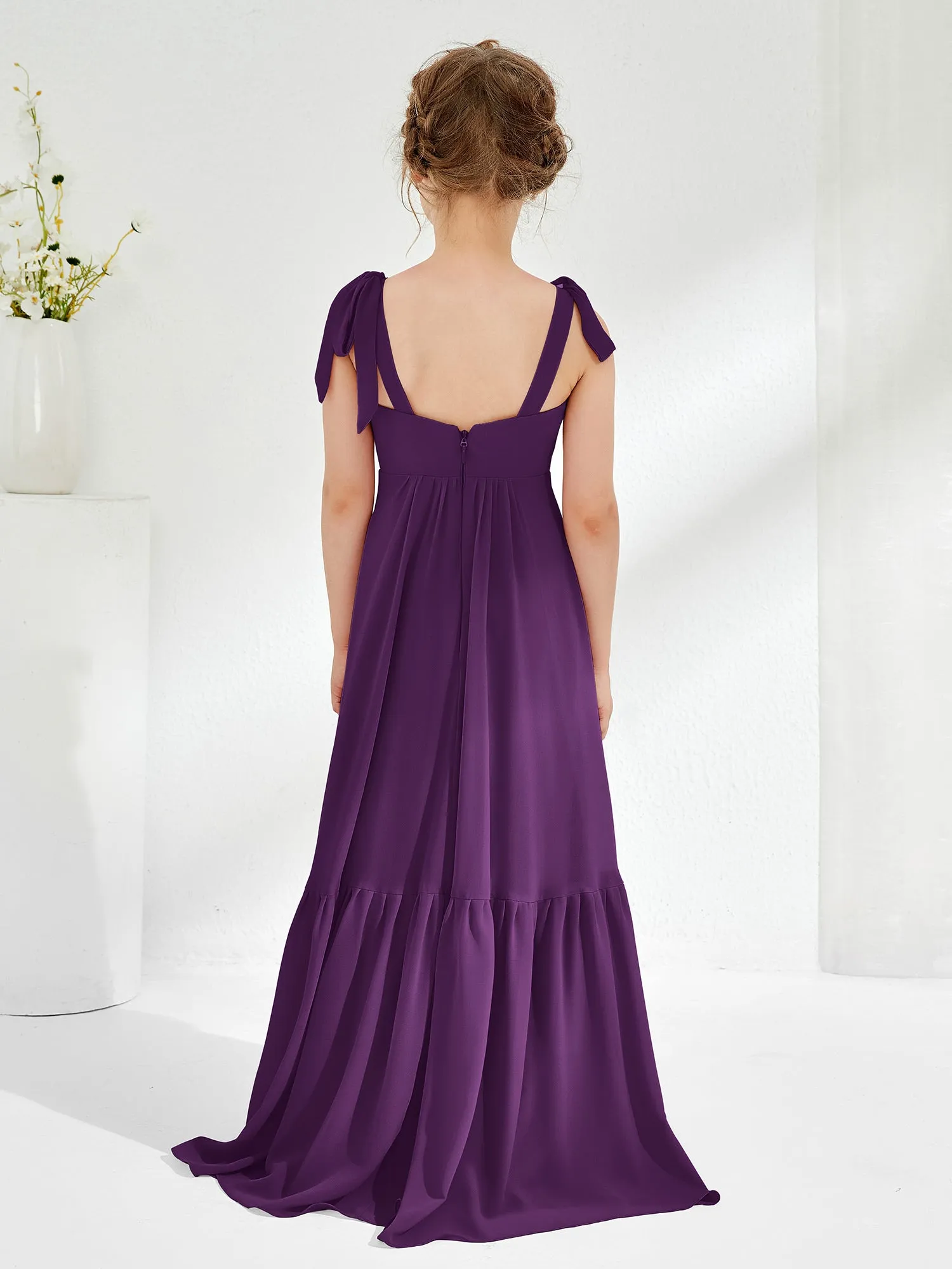 A-Line Bow Ruffle Junior Bridesmaid Dresses Grape