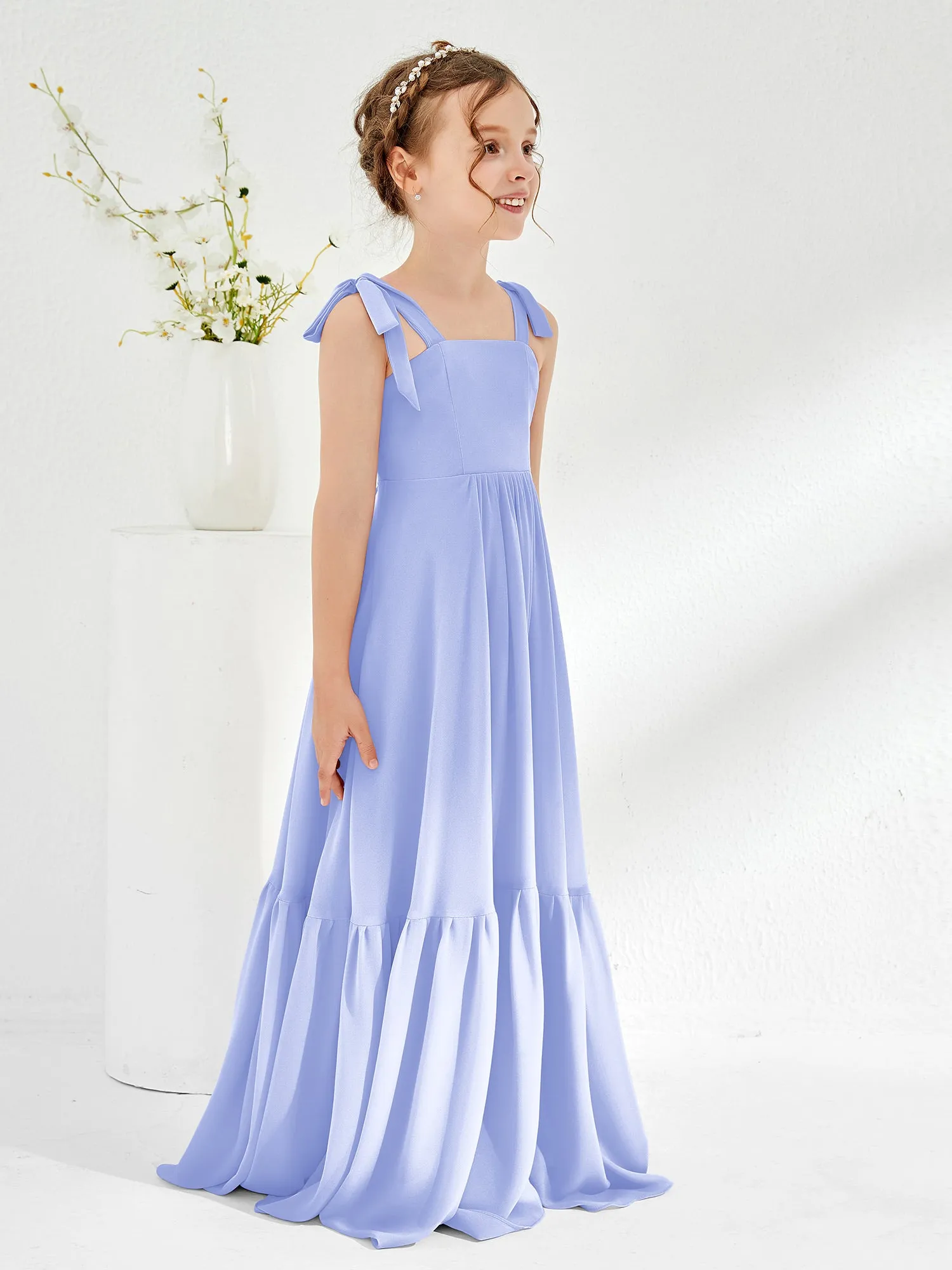 A-Line Bow Ruffle Junior Bridesmaid Dresses Lavender