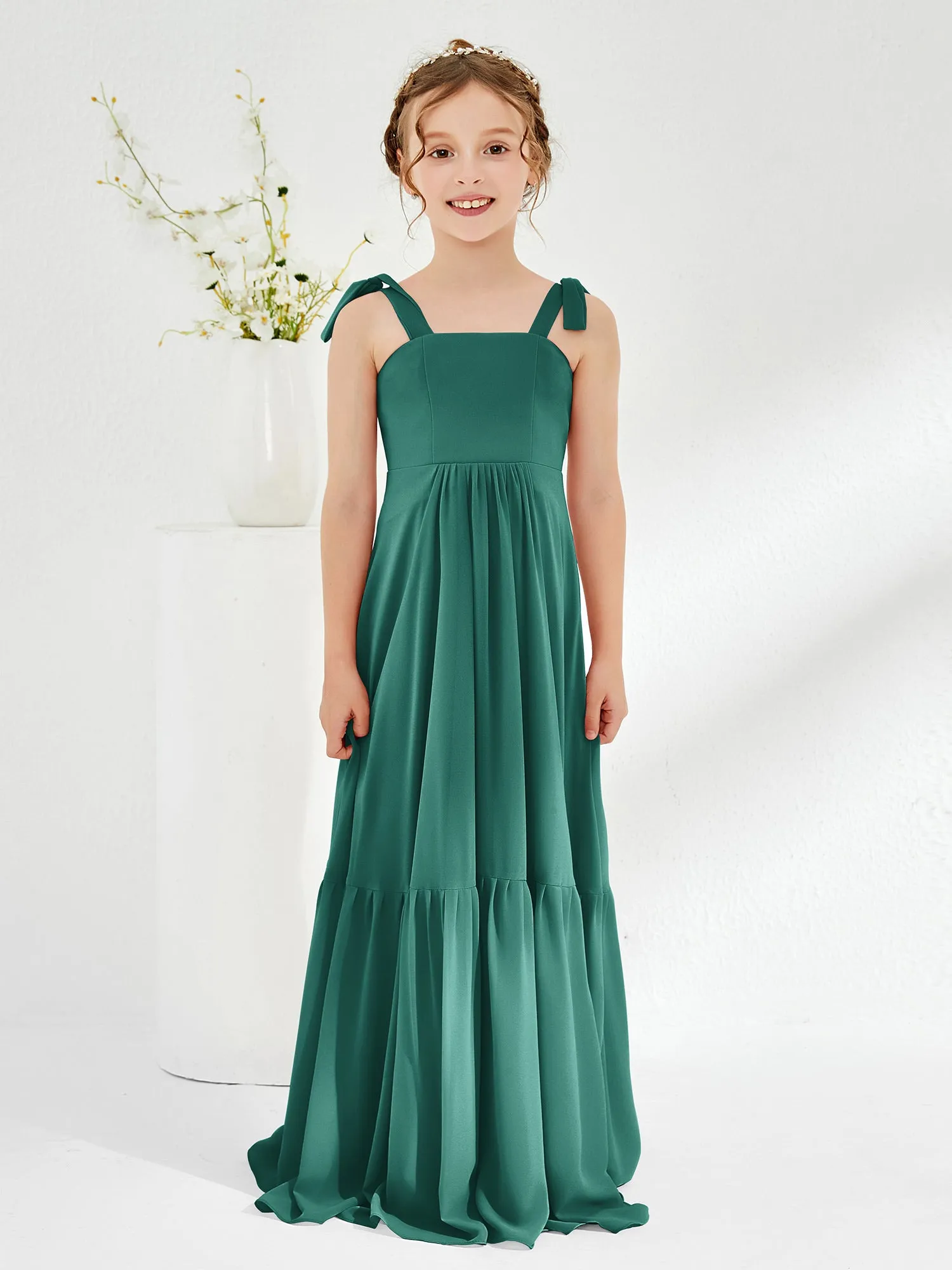 A-Line Bow Ruffle Junior Bridesmaid Dresses Peacock