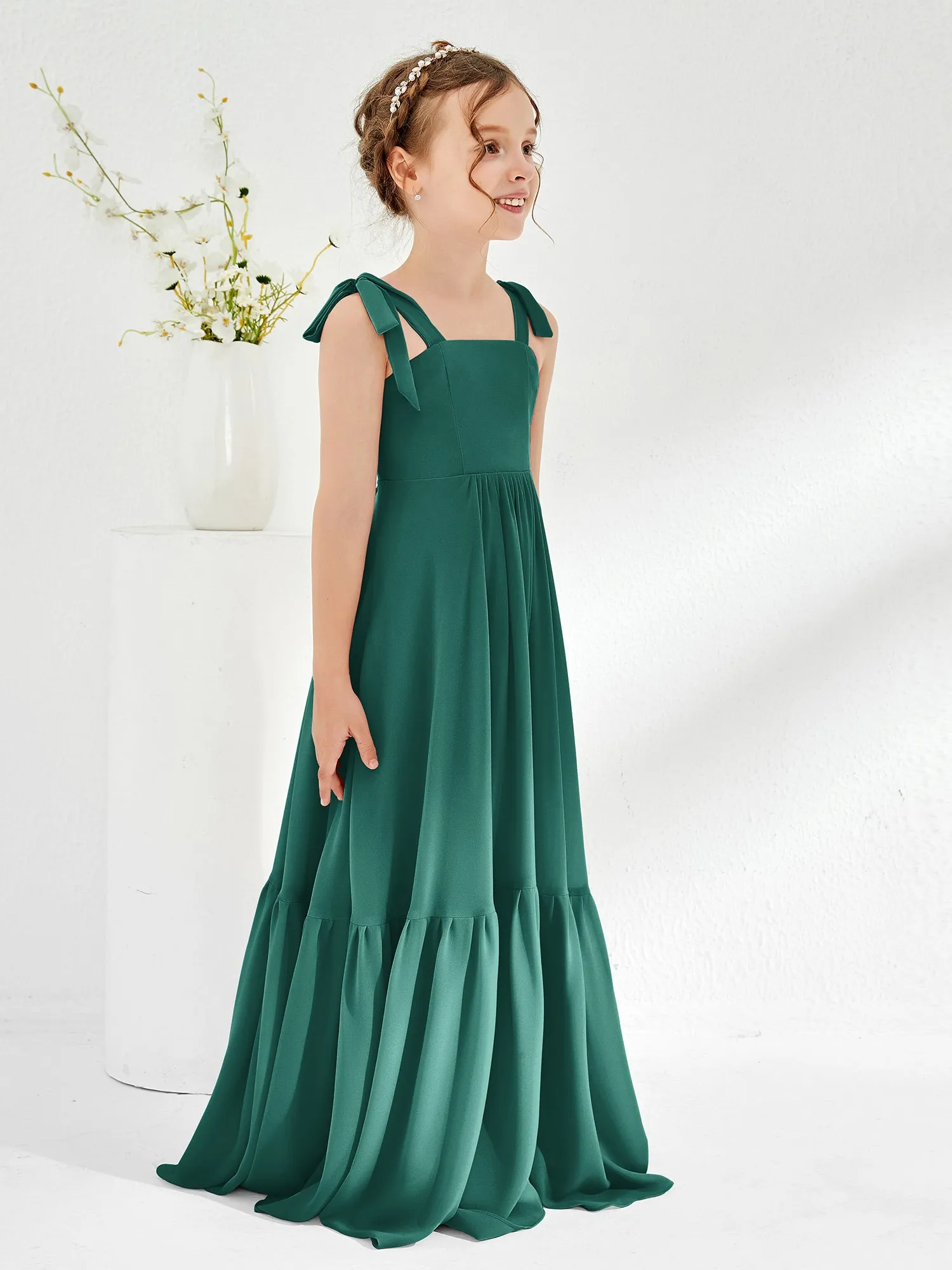 A-Line Bow Ruffle Junior Bridesmaid Dresses Peacock