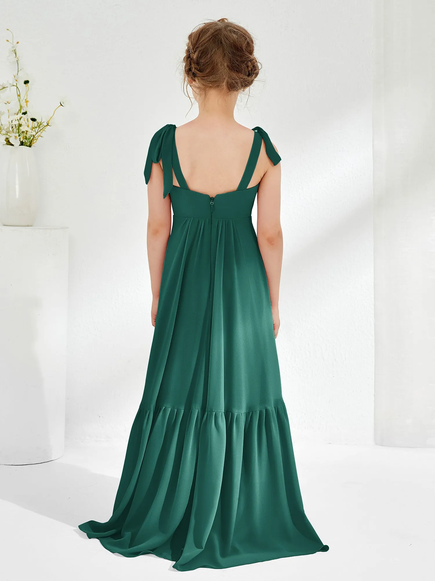 A-Line Bow Ruffle Junior Bridesmaid Dresses Peacock