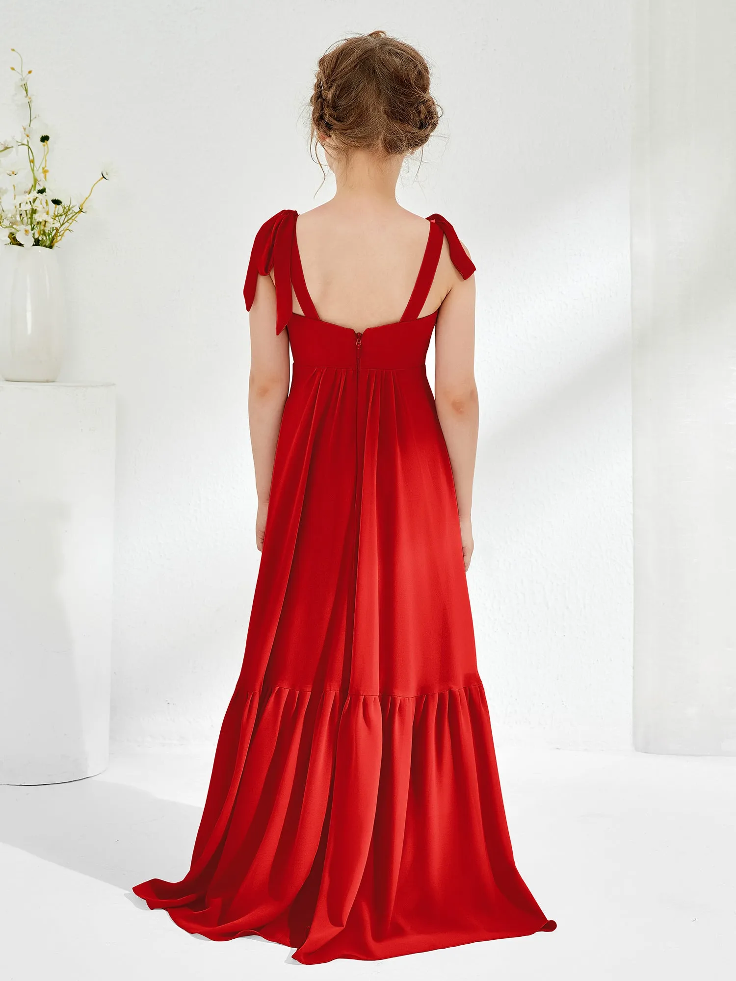 A-Line Bow Ruffle Junior Bridesmaid Dresses Red