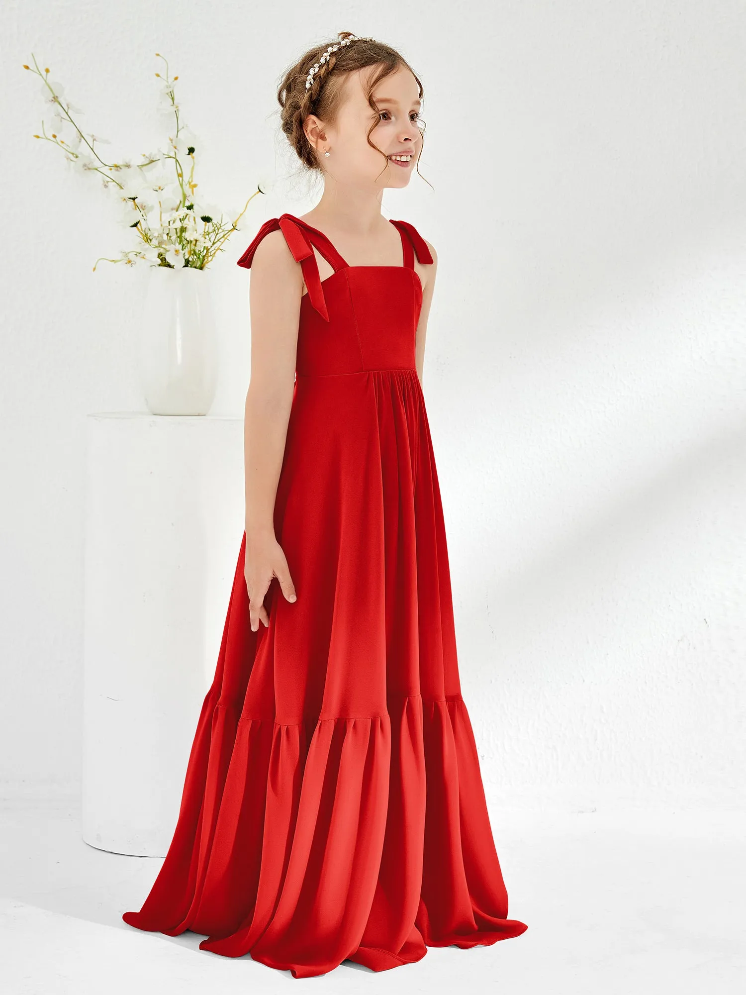A-Line Bow Ruffle Junior Bridesmaid Dresses Red