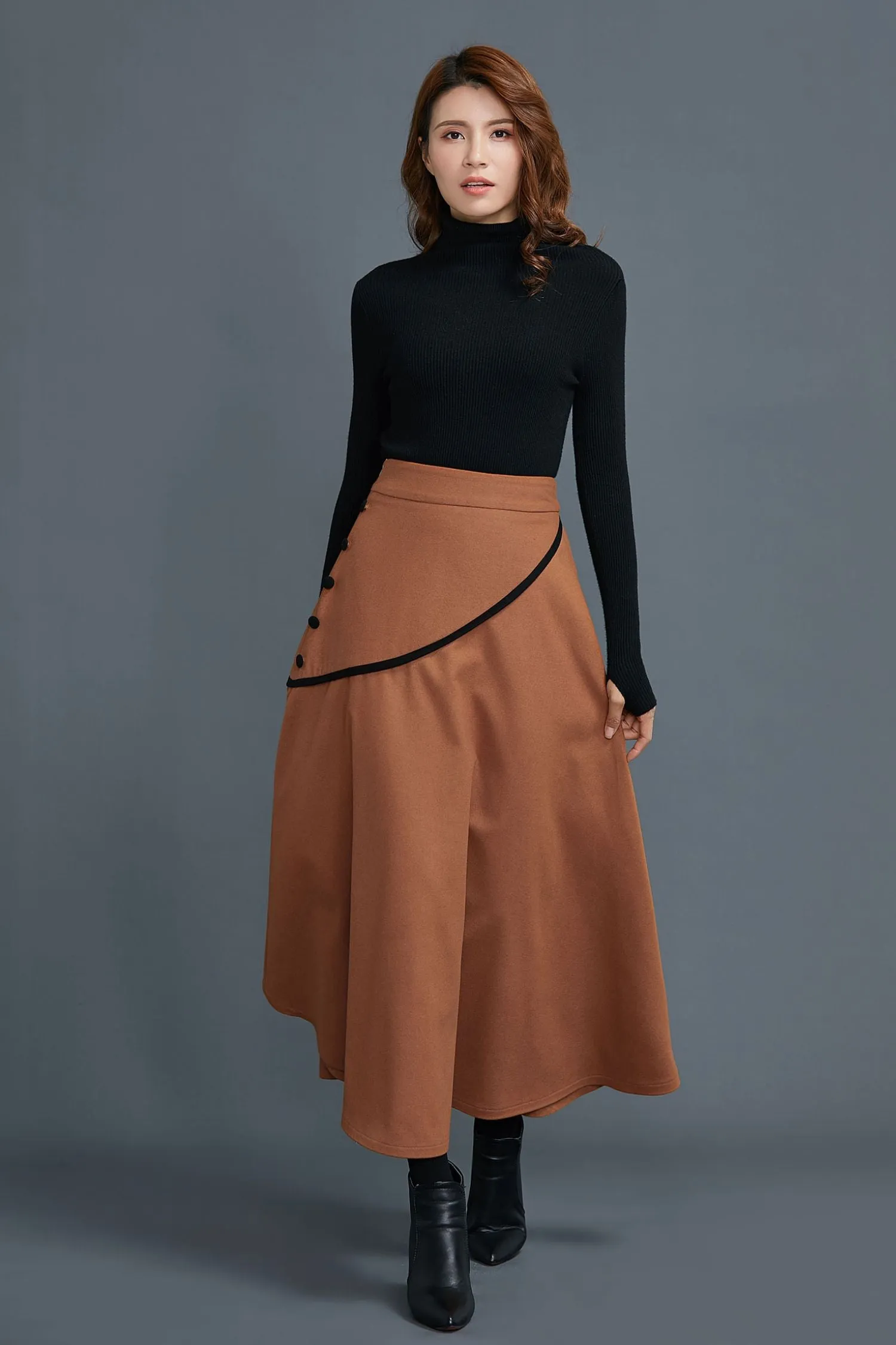 A line midi winter wool skirt women C1663