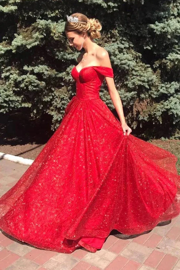 A Line Red 2025 Prom Dresses Off the Shoulder Shiny Sequin Evening Dress Long