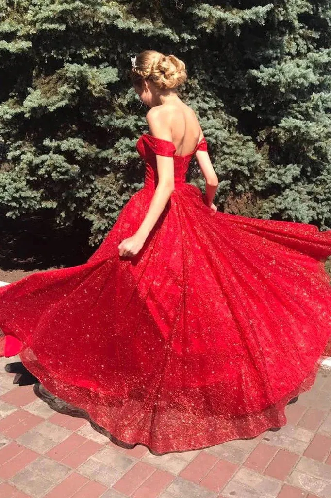 A Line Red 2025 Prom Dresses Off the Shoulder Shiny Sequin Evening Dress Long