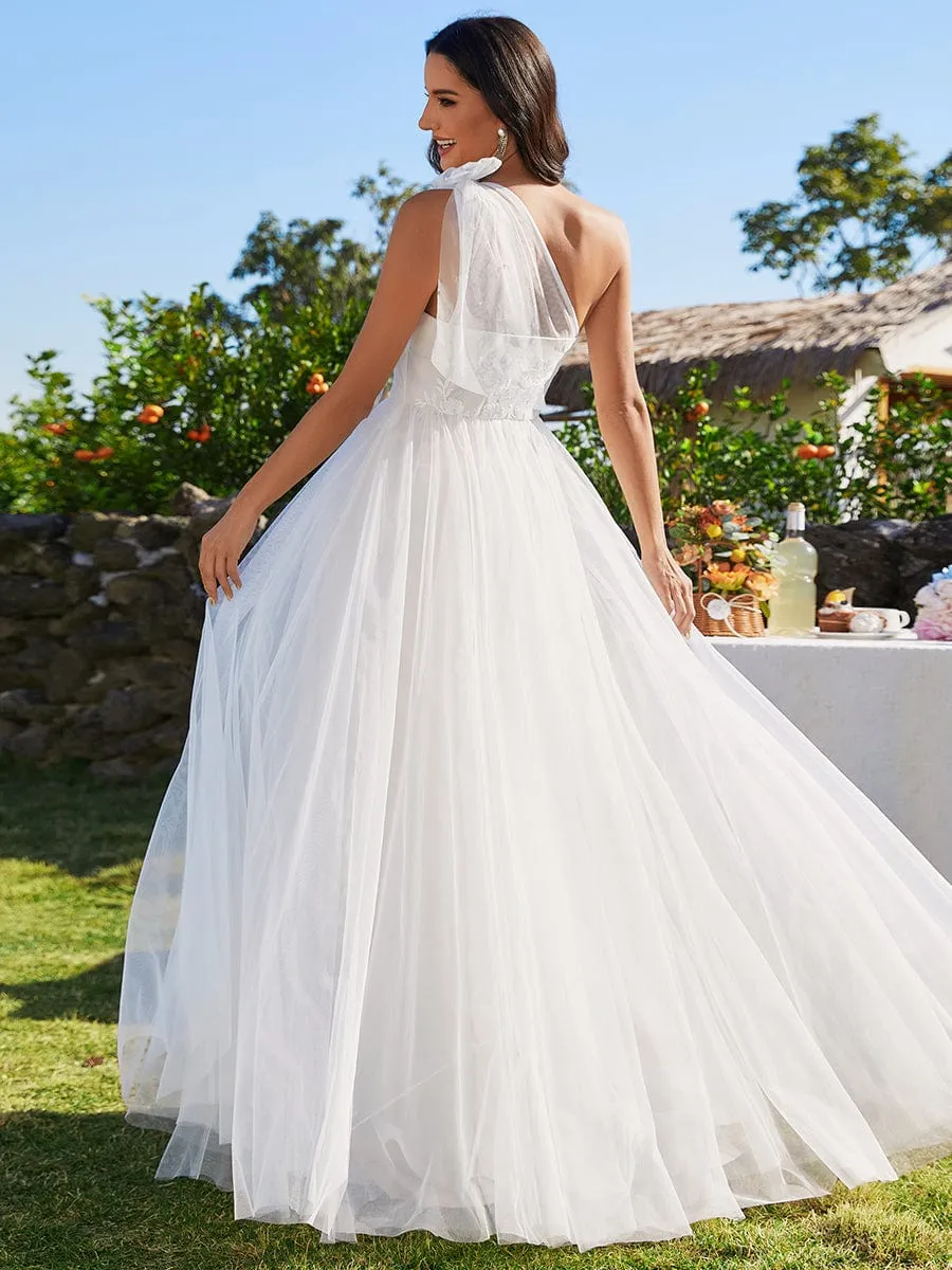 Affordable One-Shoulder Wedding Dress with Bow