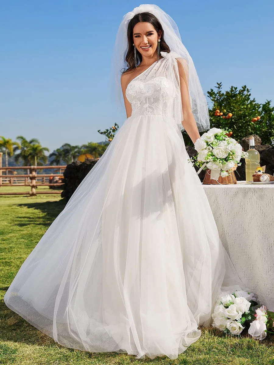 Affordable One-Shoulder Wedding Dress with Bow