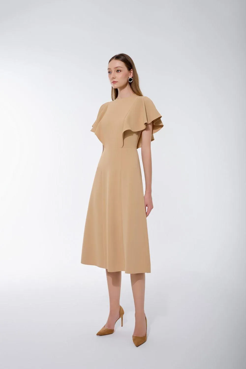 Alina A-line Batwing Sleeved Twill Midi Dress