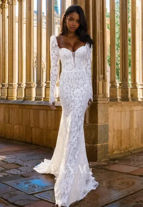 Allover Lace Applique Sweetheart Long- Sleeves Bride Gowns Cutout Sweep Train Mermaid Wedding Dress