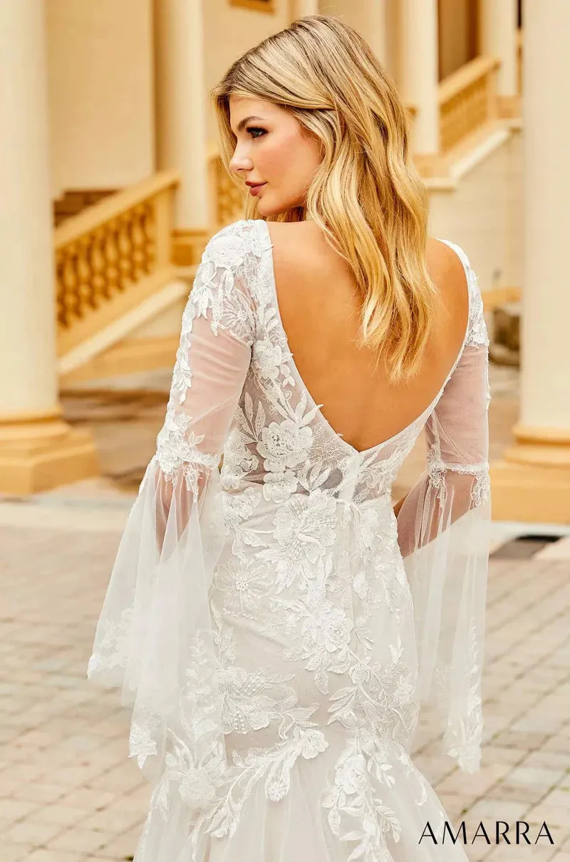 Amarra Bridal 84386 "Anna" Mermaid V-Neck Sheer Floral Long Sleeve Train Wedding Dress