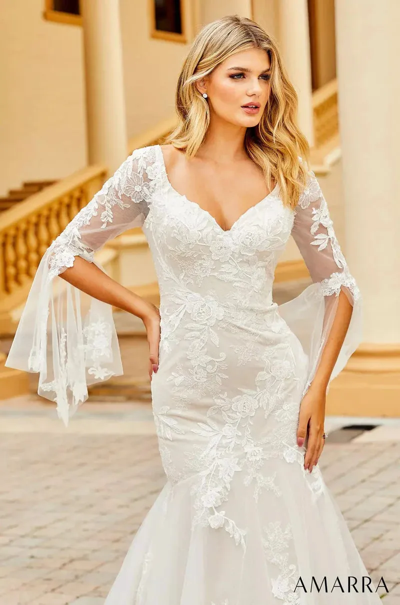 Amarra Bridal 84386 "Anna" Mermaid V-Neck Sheer Floral Long Sleeve Train Wedding Dress