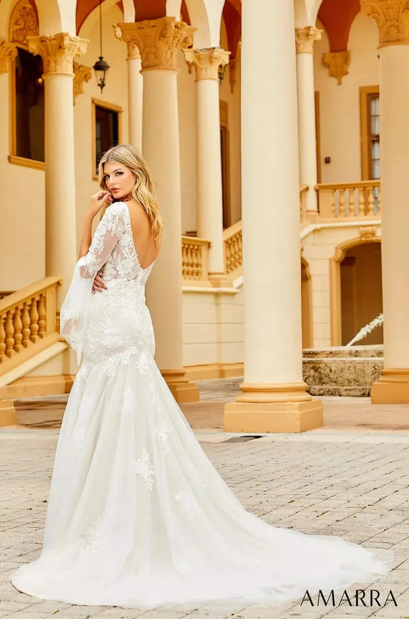 Amarra Bridal 84386 "Anna" Mermaid V-Neck Sheer Floral Long Sleeve Train Wedding Dress