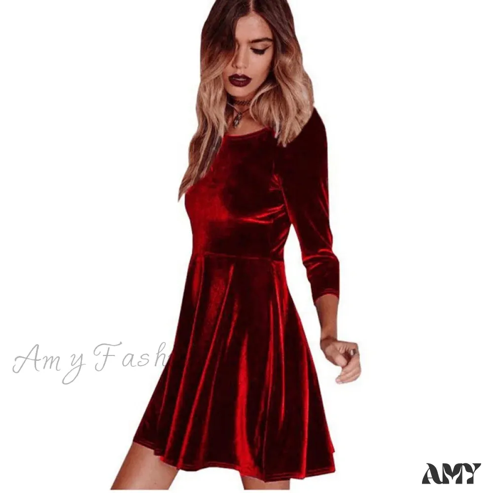Amy Fashion - Swing Hem Velvet Long SleeveParty Mini Dress