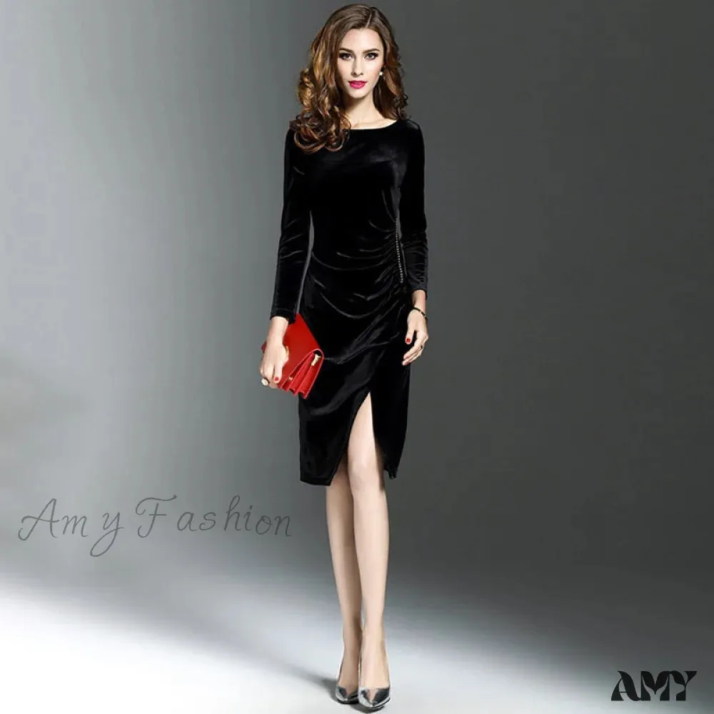 Amy Fashion - Velvet Long Sleeve Slim Side Split Dress