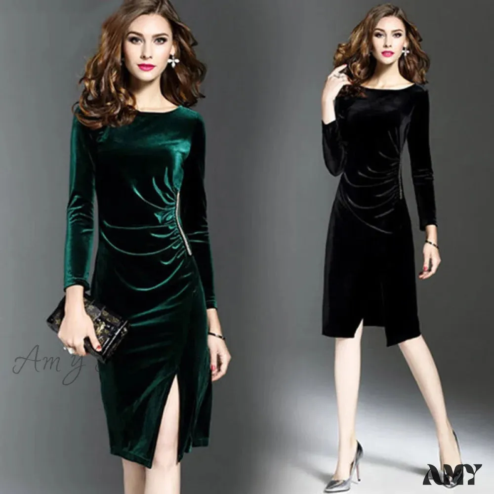 Amy Fashion - Velvet Long Sleeve Slim Side Split Dress