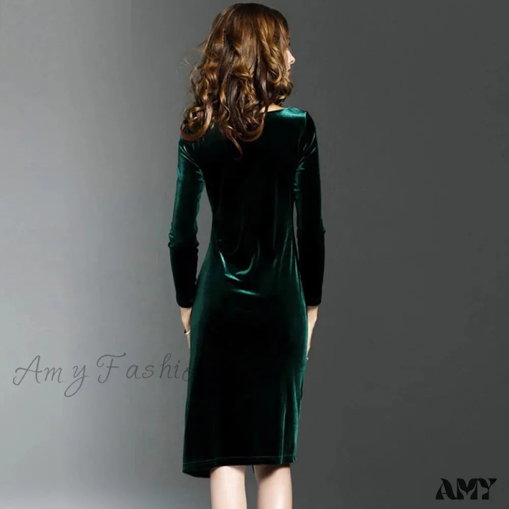 Amy Fashion - Velvet Long Sleeve Slim Side Split Dress
