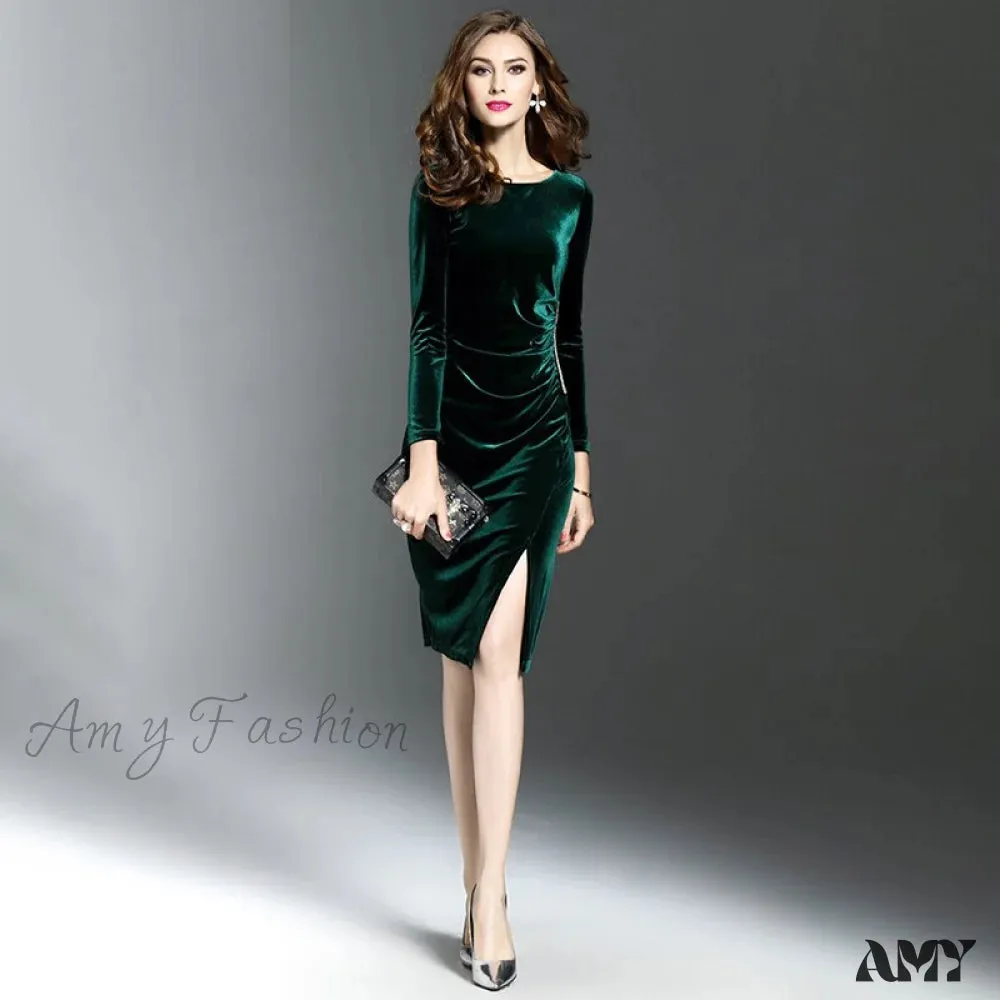 Amy Fashion - Velvet Long Sleeve Slim Side Split Dress