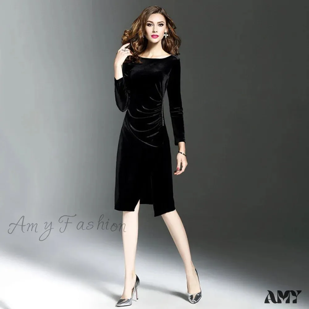 Amy Fashion - Velvet Long Sleeve Slim Side Split Dress