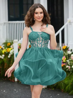 Appliqued Corset Top Short Tulle Dress Jade