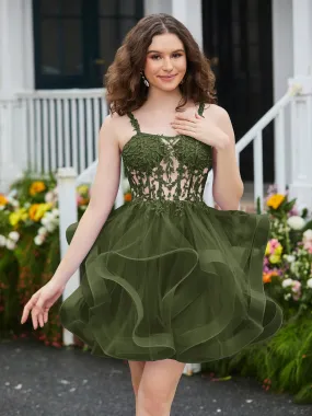 Appliqued Corset Top Short Tulle Dress Olive Green